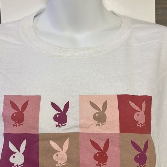 Playboy Bunny Distressed Cut Cropped Cotton Crewneck White T-Shirt- Large - Picture 6 of 10